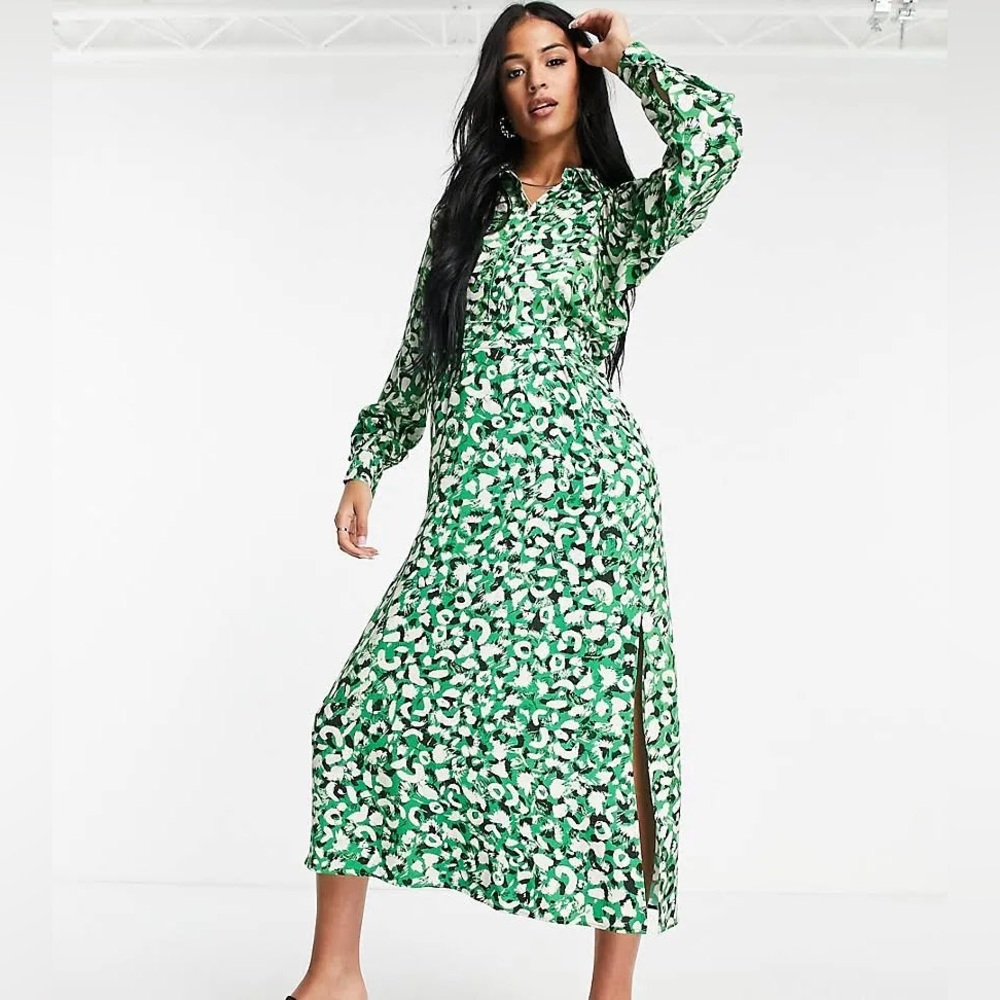 Topshop Women’s Tall US Size 8 Batwing Animal Print Shirt Dress Green Tie Waist